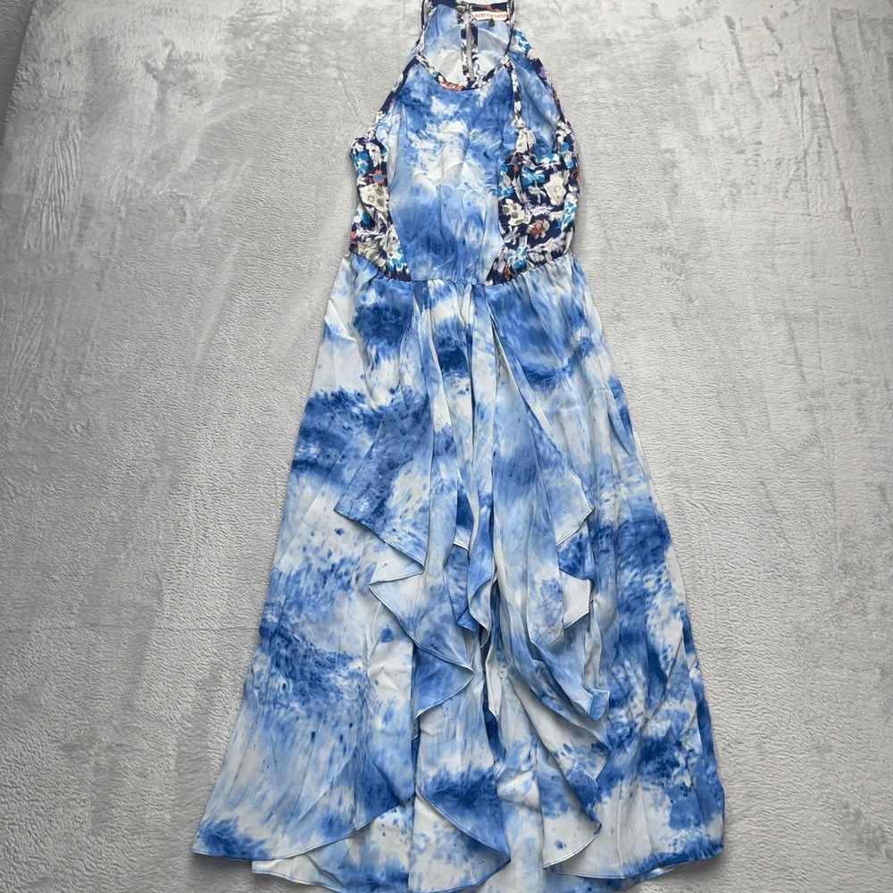 Rebecca Taylor Silk Tie Dye Runway Maxi Dress Gown Blue White Halter Ruffle Sz 4